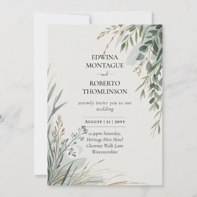Invitation Mariage élégant aquarelle botanique de verdure HHS (Devant)