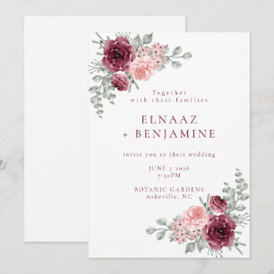 Invitation Mariage élégant aquarelle de rose bordeaux et rose