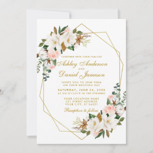 Invitation Mariage Elegant Aquarelle Magnolias Rose Or