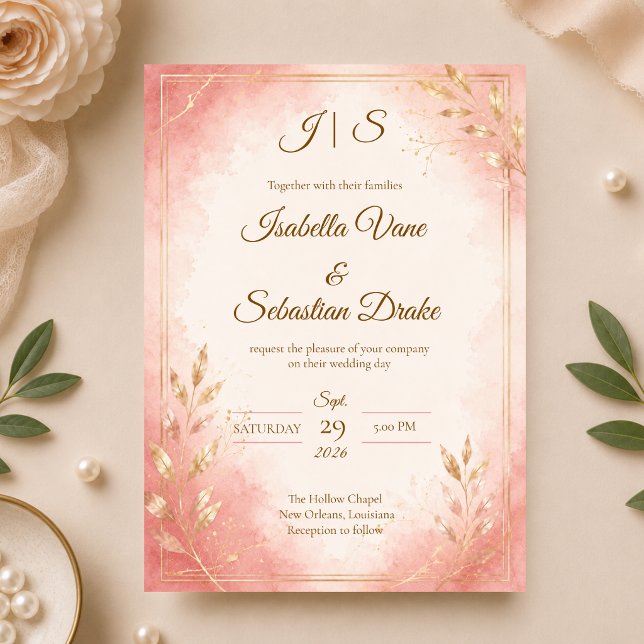Invitation Mariage élégant aquarelle rose (Créateur téléchargé)