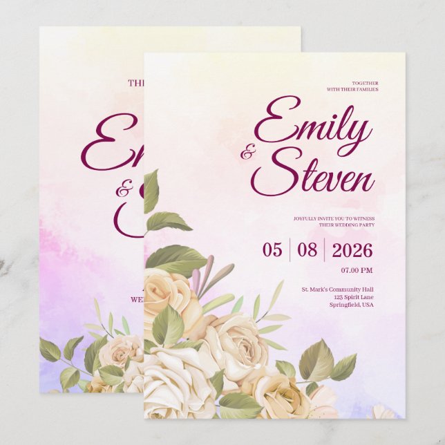 Invitation Mariage Élégant Aquarelle Rose et Violet (Devant / Derrière)