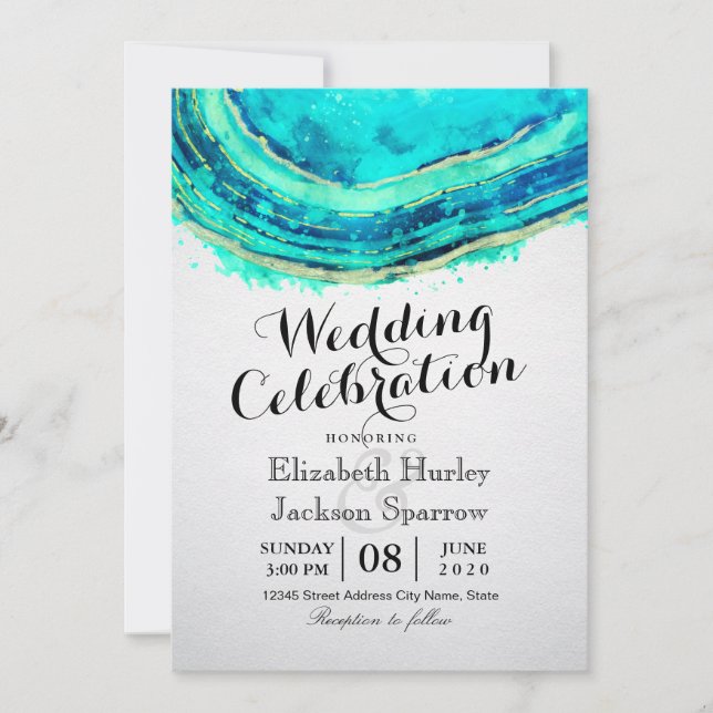 Invitation Mariage Elegant Aquarelle Turquoise & Gold Agate G (Devant)