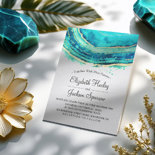 Invitation Mariage Elegant Aquarelle Turquoise & Gold Agate G