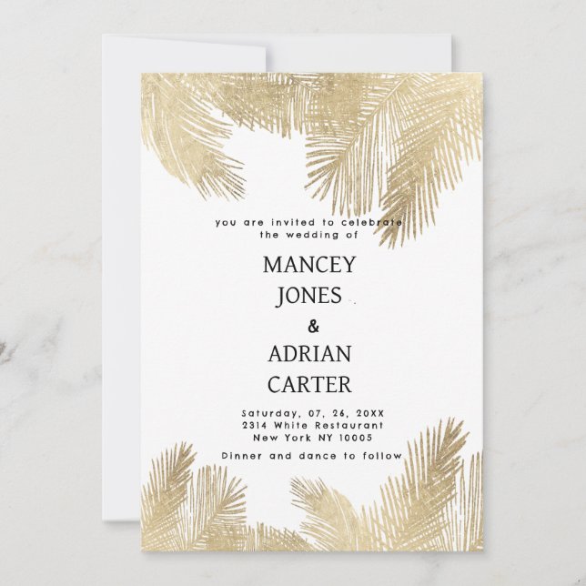 Invitation Mariage élégant arbre tropical en or blanc (Devant)