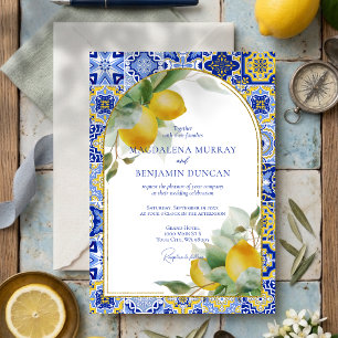 Invitation Mariage Élégant Arc d'Or Carreaux Italiens Bleus C