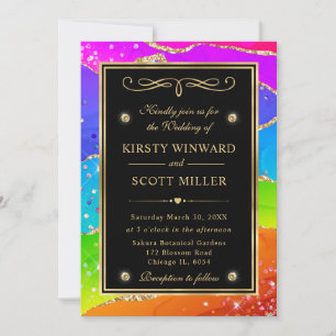 Invitation Mariage Élégant Arc-en-Ciel Paillettes Agate et Or