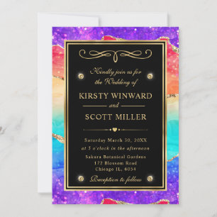 Invitation Mariage Élégant Arc-en-Ciel Paillettes Agate et Or