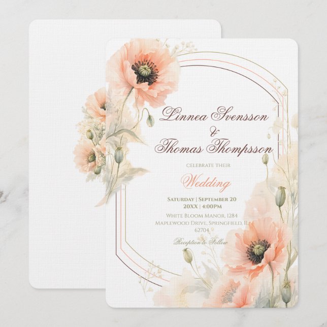 Invitation Mariage Élégant Arc-en-Pêche Douce Poppy Perle (Devant / Derrière)