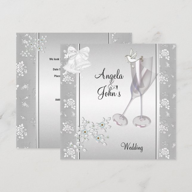 Invitation Mariage Élégant Argent Blanc Dentelle Floral (Devant / Derrière)