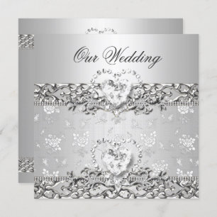 Invitation Mariage élégant Argent Blanc Diamant Coeur