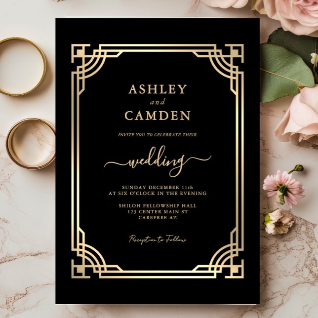 Invitation Mariage élégant Art Déco avec cadre doré (Créateur téléchargé)