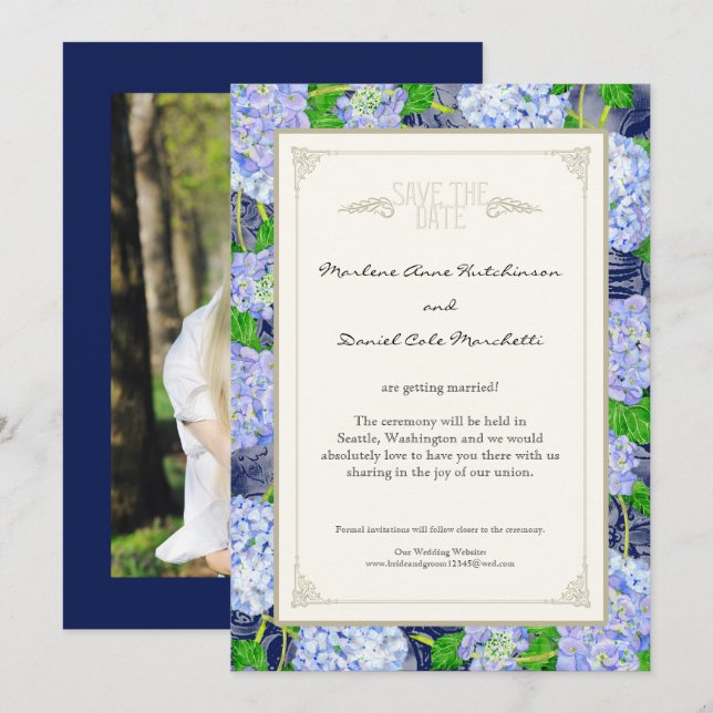 Invitation Mariage Élégant Art Déco Fleur Hydrangea Bleue (Devant / Derrière)
