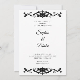Invitation Mariage Élégant Art Déco Floral Noir et Blanc