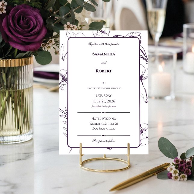 Invitation Mariage Élégant Art Linéaire Fleur Pourpre Prune (Minimalist purple floral wedding invite. 💜)