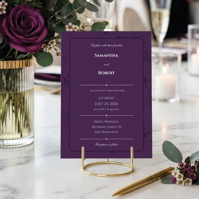 Invitation Mariage Élégant Art Linéaire Fleur Pourpre Prune (Sophisticated dark plum wedding invitation. 🍷)