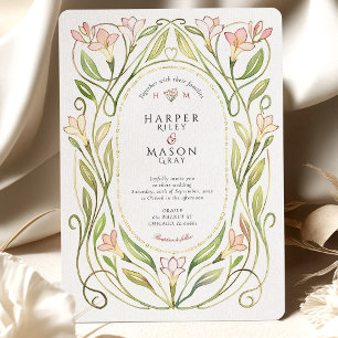 Invitation Mariage Élégant Art Nouveau aux Péches et Lys