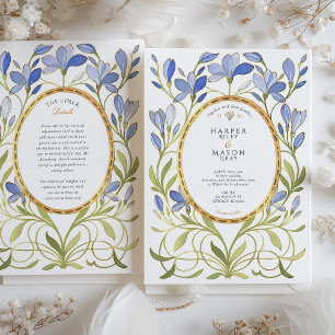 Invitation Mariage Élégant Art Nouveau Bleu Poussiéreux & Or
