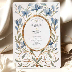 Invitation Mariage Élégant Art Nouveau Bleu Poussiéreux & Or