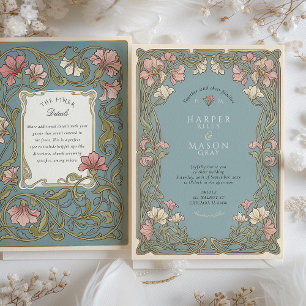 Invitation Mariage Élégant Art Nouveau Fleur de Lys Rose
