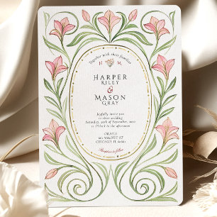 Invitation Mariage Élégant Art Nouveau Fleur de Lys Rose