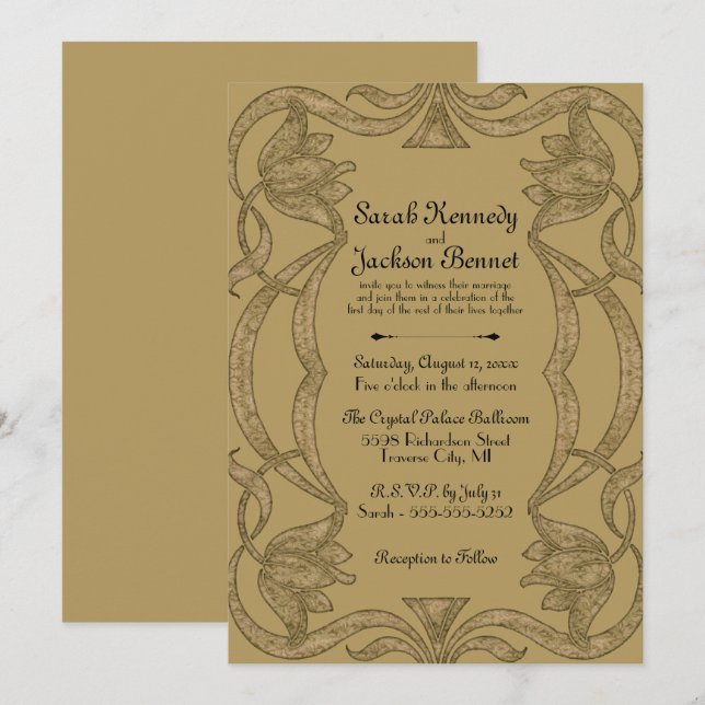 Invitation Mariage élégant Art Nouveau Noir et Or (Devant / Derrière)