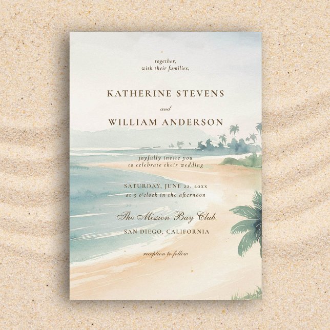Invitation Mariage Élégant au Bord de l'Océan avec une Patine (beach wedding invitation dreamy watercolor ocean shoreline vintage patina formal modern classic)