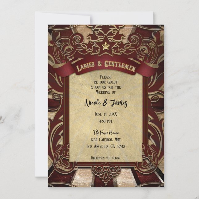 Invitation Mariage Élégant au Cirque Rouge Vintage (Devant)