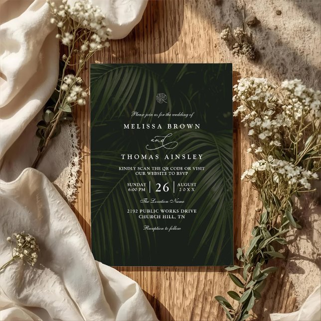 Invitation Mariage élégant au code QR avec feuilles de palmie (Créateur téléchargé)