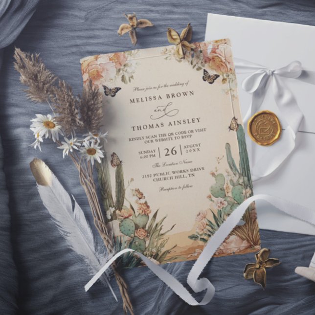 Invitation Mariage élégant au code QR Boho Desert Cactus (Créateur téléchargé)