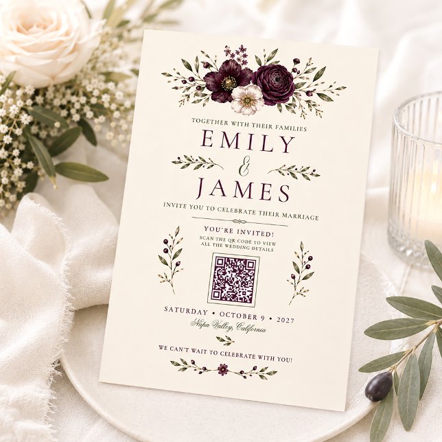 Invitation Mariage élégant au code QR botanique prune olive (Créateur téléchargé)