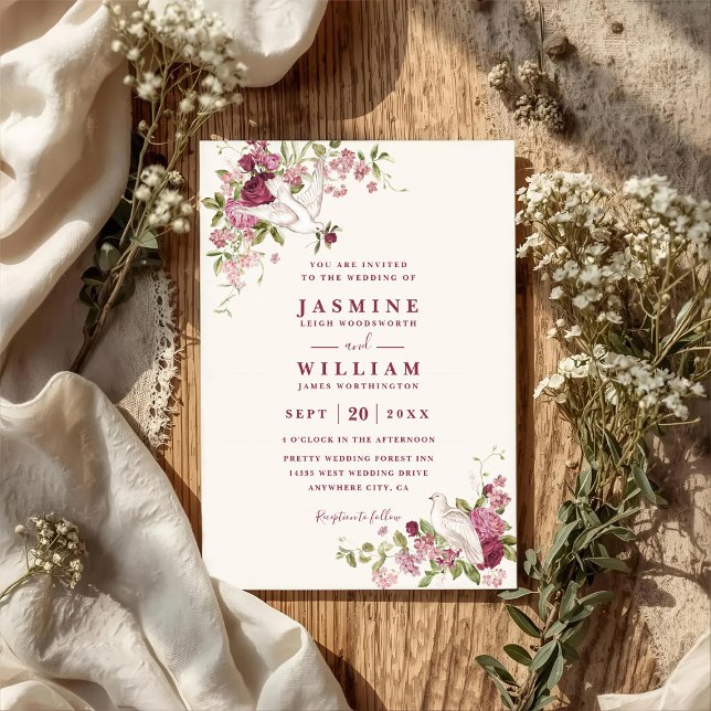 Invitation Mariage élégant au code QR de colombes d'amour vin (Créateur téléchargé)