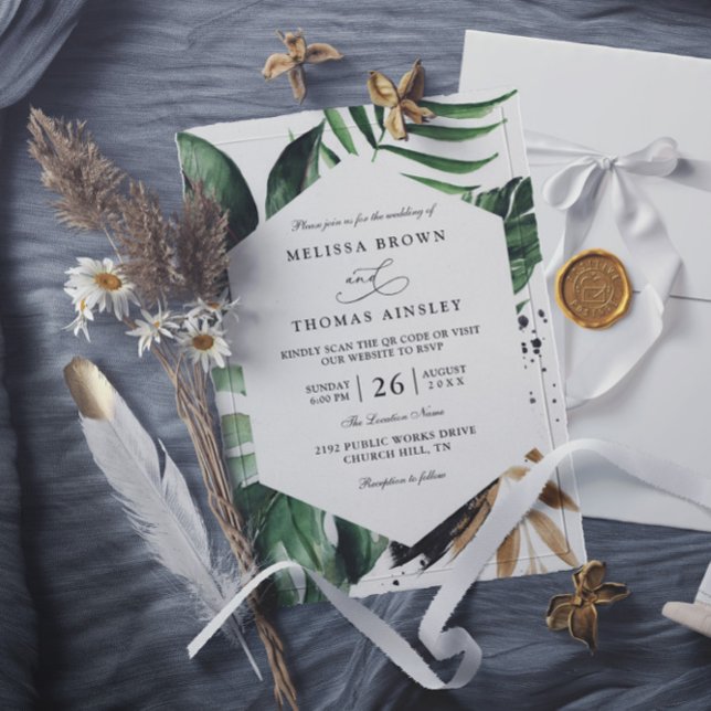 Invitation Mariage élégant au code QR Feuilles de Palmier Tro (Créateur téléchargé)