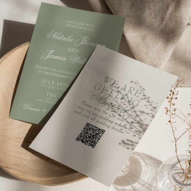 Invitation Mariage élégant au code QR vert sauge Bohème Moder (Créateur téléchargé)