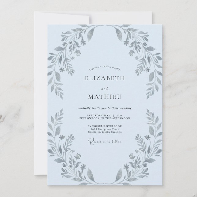 Invitation Mariage élégant au feuillage de pervenche argenté  (Devant)