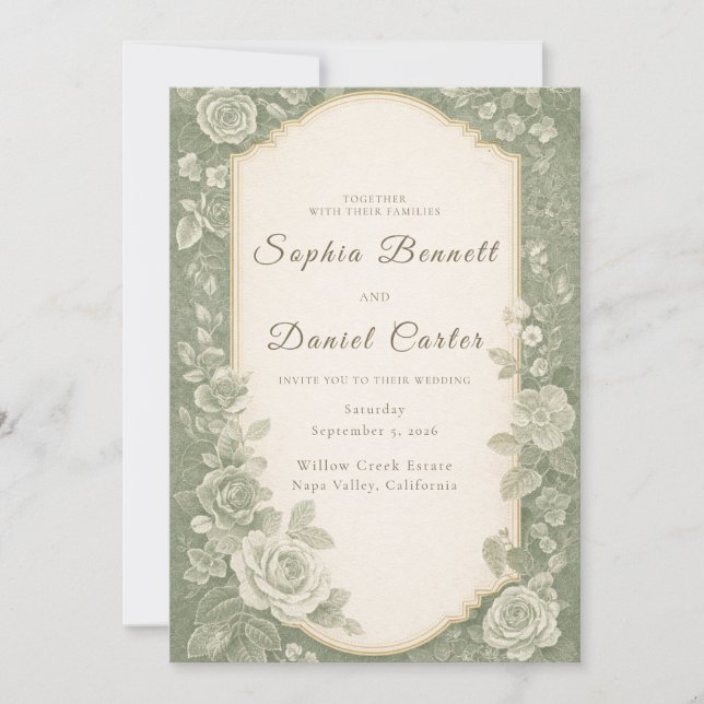 Invitation Mariage élégant au jardin botanique vert sauge (Devant)