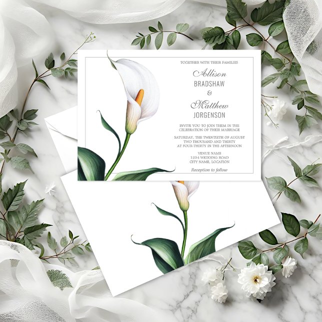 Invitation Mariage Élégant au Lys Calla Blanc Ivoire (Elegant Ivory White Calla Lily wedding invitation front and back view.)