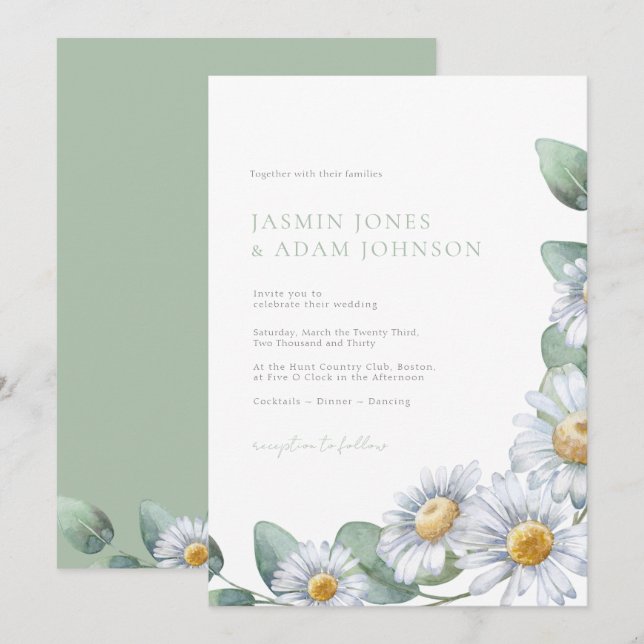 Invitation Mariage élégant au monogramme de eucalyptus et dai (Devant / Derrière)