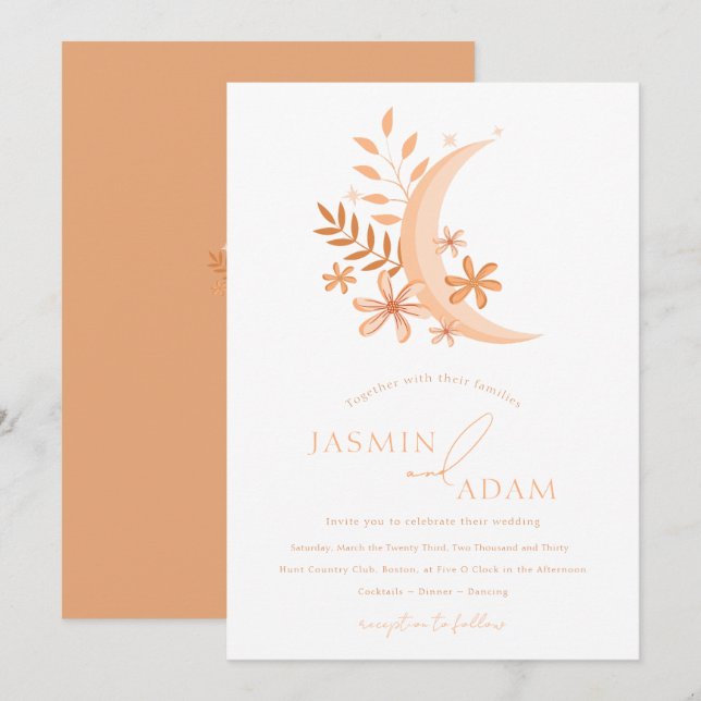 Invitation Mariage élégant au monogramme de lune pêche (Devant / Derrière)