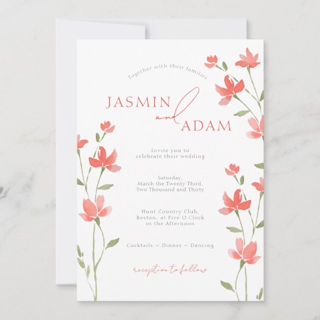 Invitation Mariage Élégant au Monogramme Floral Corail (Devant)