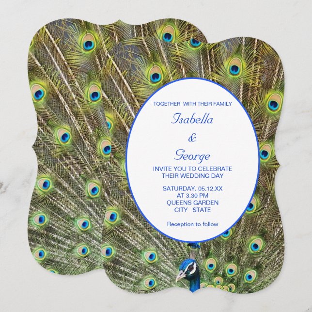 Invitation Mariage élégant au paon (Devant / Derrière)