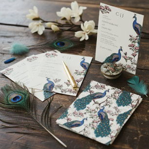 Invitation Mariage Élégant au Paon Bleu et Fleurs de Magnolia