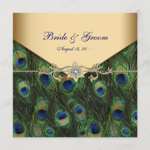 Invitation Mariage élégant au paon doré