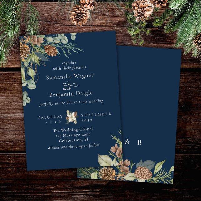 Invitation Mariage élégant au pin de verdure d'hiver bleu mar (Créateur téléchargé)