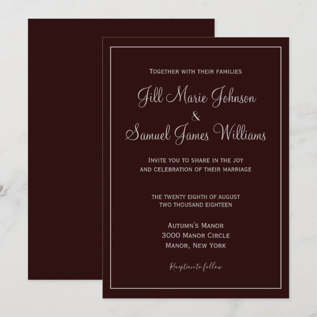 Invitation Mariage Élégant au Prune et Gris Foncé (Devant / Derrière)