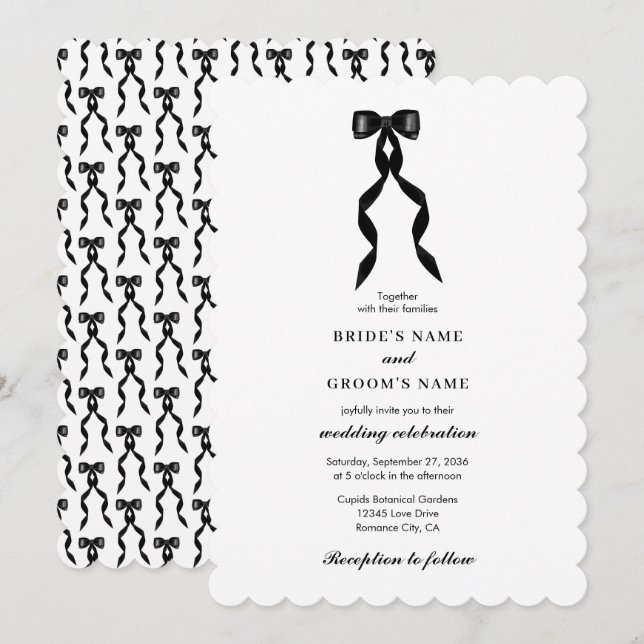 Invitation Mariage élégant au ruban noir (Devant / Derrière)