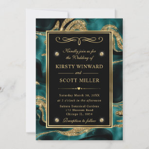 Invitation Mariage Élégant au Teal Fondu et Paillettes Dorées