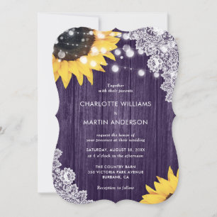 Invitation Mariage élégant au tournesol violet dentelle bois 