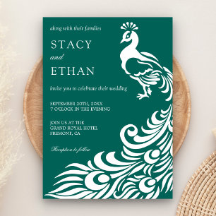 Invitation Mariage élégant au vert de mer et blanc avec paon