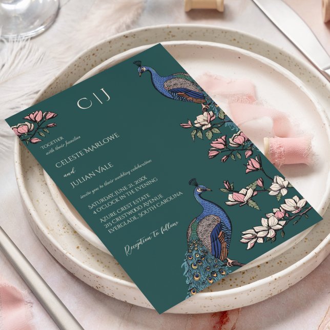 Invitation Mariage élégant au vert sarcelle floral paon (Rustic Teal Green Wedding Invitations. Hand-Drawn Blue & Teal Peacocks Perched on Magnolia Branches.)