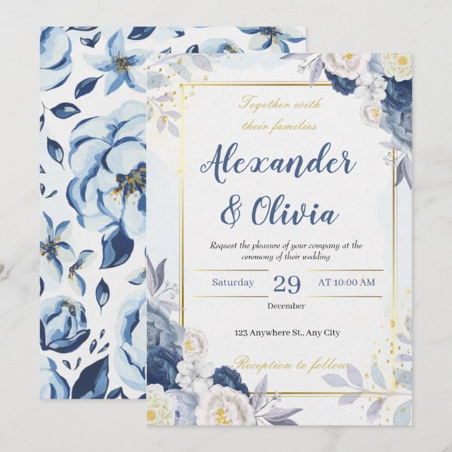 Invitation mariage élégant automnal bleu et floral (Devant / Derrière)
